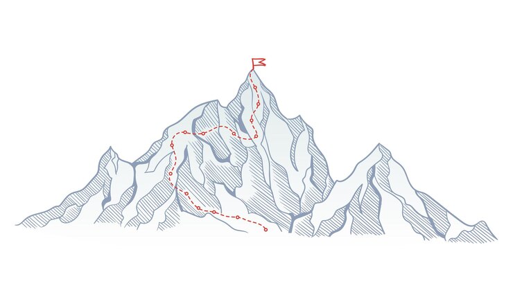 Vetor rota de escalada de montanha para o topo da rocha com bandeira vermelha no pico caminho de viagem de negócios em andamento para o sucesso ou conceito de objetivo vector polígono ponto conectar estilo de linha