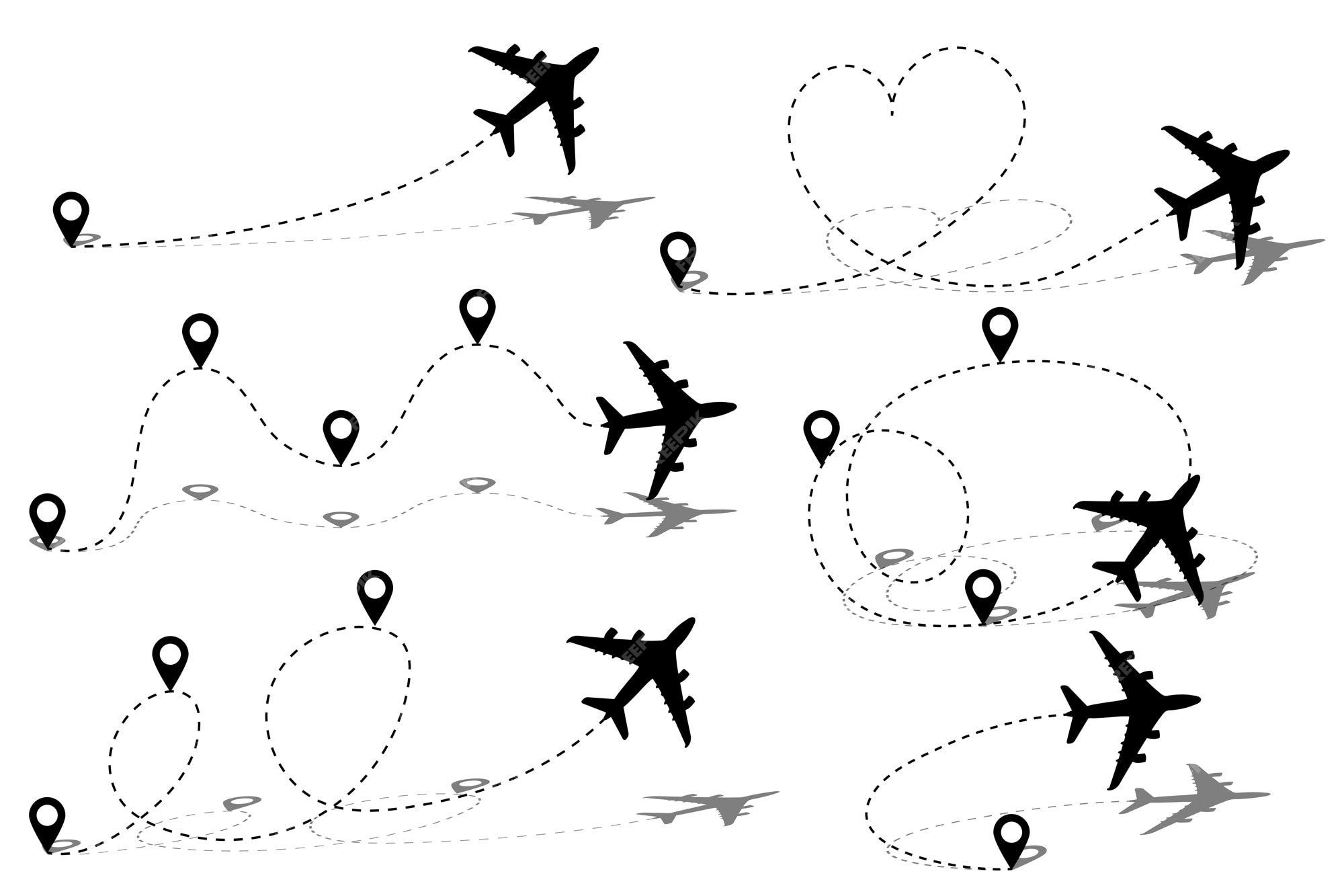 Ícone de vetor de caminho de linha aérea de rota de voo de avião com ponto  de partida e rastreamento de linha de traço, Vetor Premium em 2023