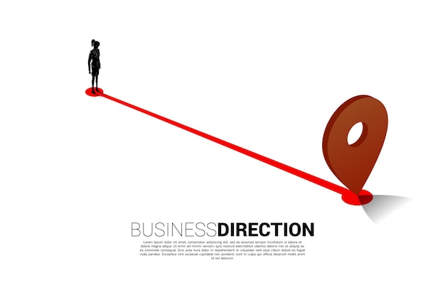 Rota entre os marcadores de localização 3d e a mulher de negócios. conceito de localização e direção de negócios.