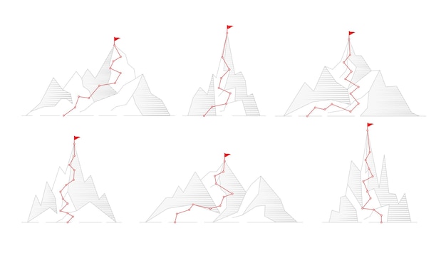 Rota para a montanha imagens do conceito de atividade de negócios bem-sucedida jornada destino escalada aventuras para meta planejamento viagem para colinas pico recente conjunto de vetores