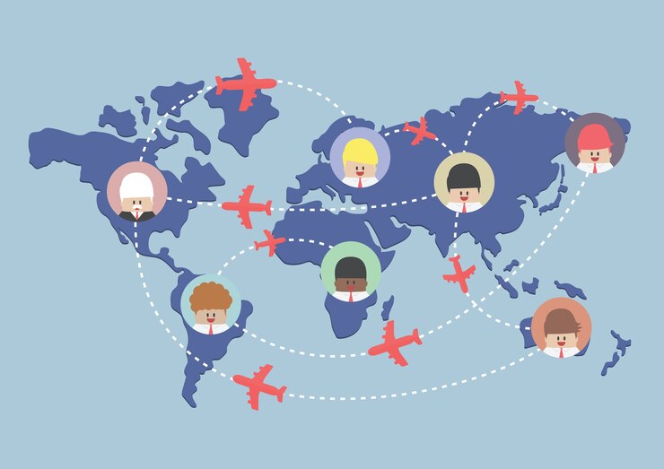Vetor rotas de empresário e avião no mapa do mundo
