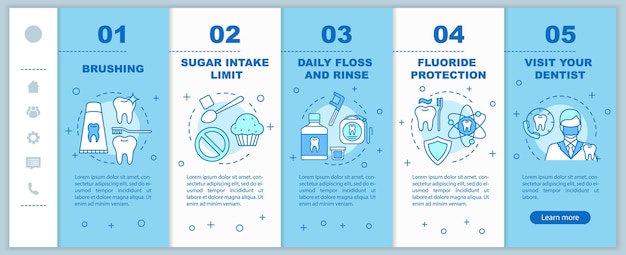 Rotina de higiene bucal onboarding modelo de vetor de páginas da web móvel. cuidados com os dentes. ideia de interface de site de smartphone responsivo com ilustrações lineares. telas passo a passo da página da web. conceito de cor