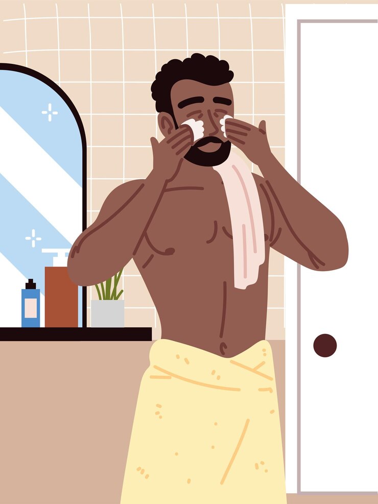 Vetor rotina de skincare de homem no banheiro