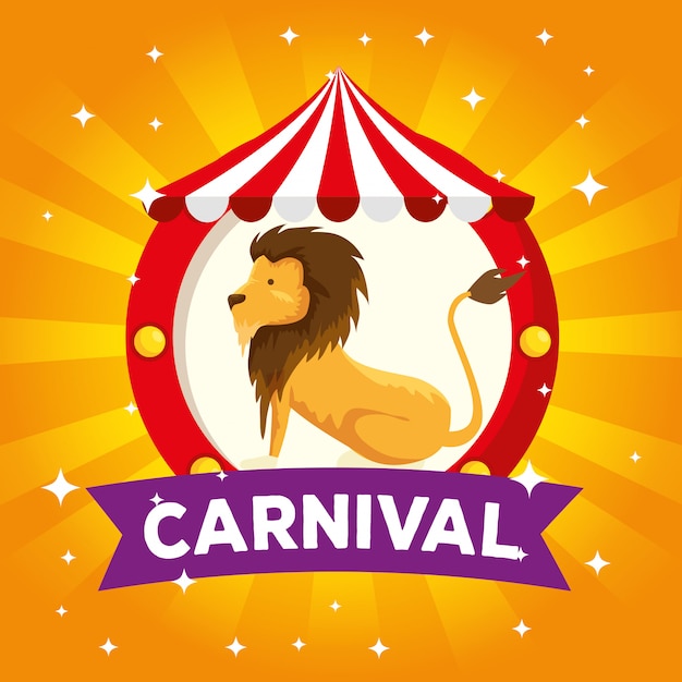 Rótulo de animal selvagem leão no circo com fita de carnaval