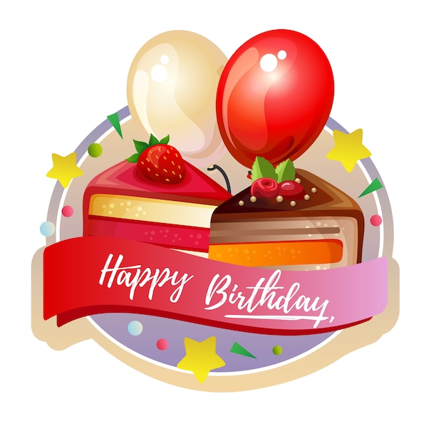 Vetor rótulo de bolo de fatia bonito aniversário com balão