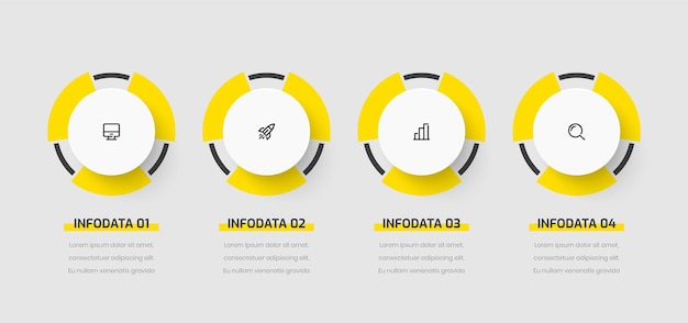 Rótulo de círculo de apresentação de modelo de infográfico de negócios com cor amarela 4 números e ícones