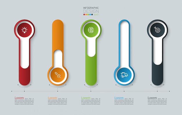 Rótulo de círculo longo 3d infográfico, infográfico com processos de opções número 5.