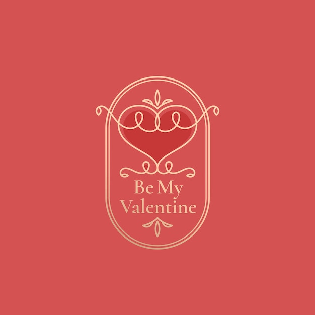 Rótulo de coração encaracolado abstrato de dia dos namorados com moldura retrô e tipografia vintage. ouro e rosa pastel cores saudação logotipo ou layout de cartão. isolado.