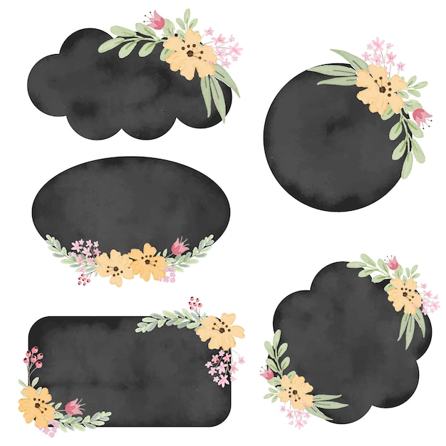 Rótulo de distintivo preto aquarela vintage com coleção de flores