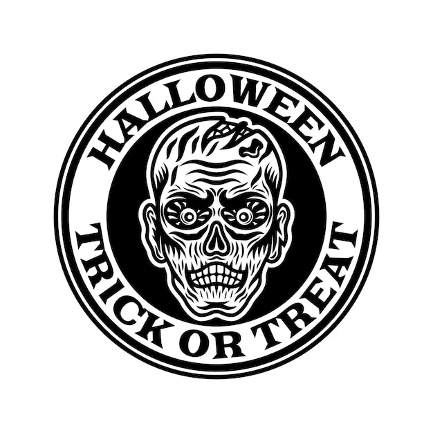 Rótulo de emblema redondo vintage de halloween ou logotipo com cabeça de zumbi no estilo monocromático ilustração isolada do vetor