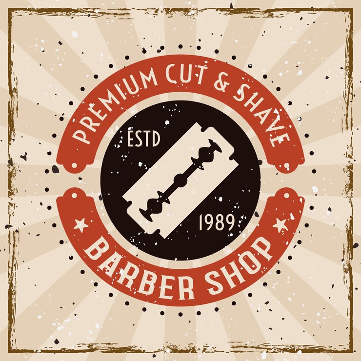 Vetor rótulo de emblema vetorial de barbearia ou impressão em estilo vintage em fundo com texturas grunge removíveis
