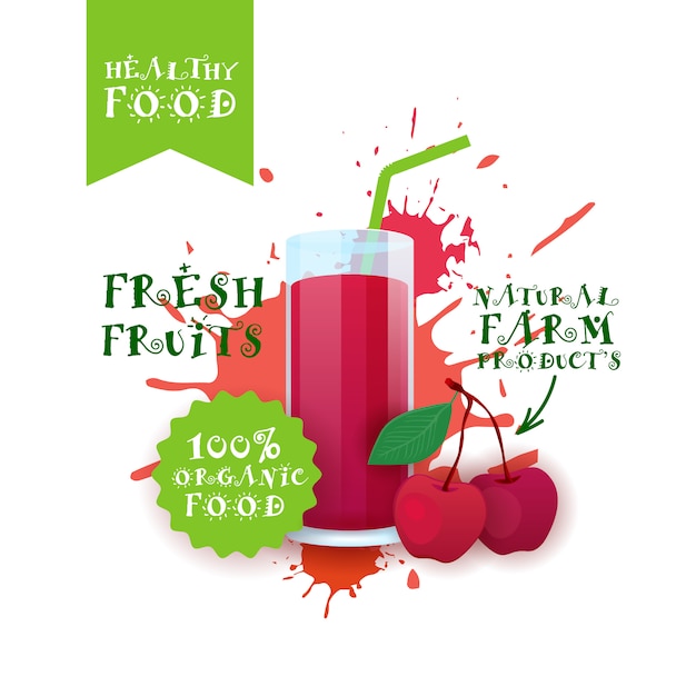 Rótulo de produtos de fazenda de comida de logotipo de suco de cereja fresca sobre o respingo de tinta