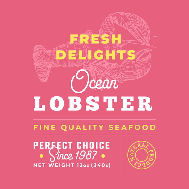 Rótulo de qualidade premium de delícias de frutos do mar frescos. layout de design de embalagem.