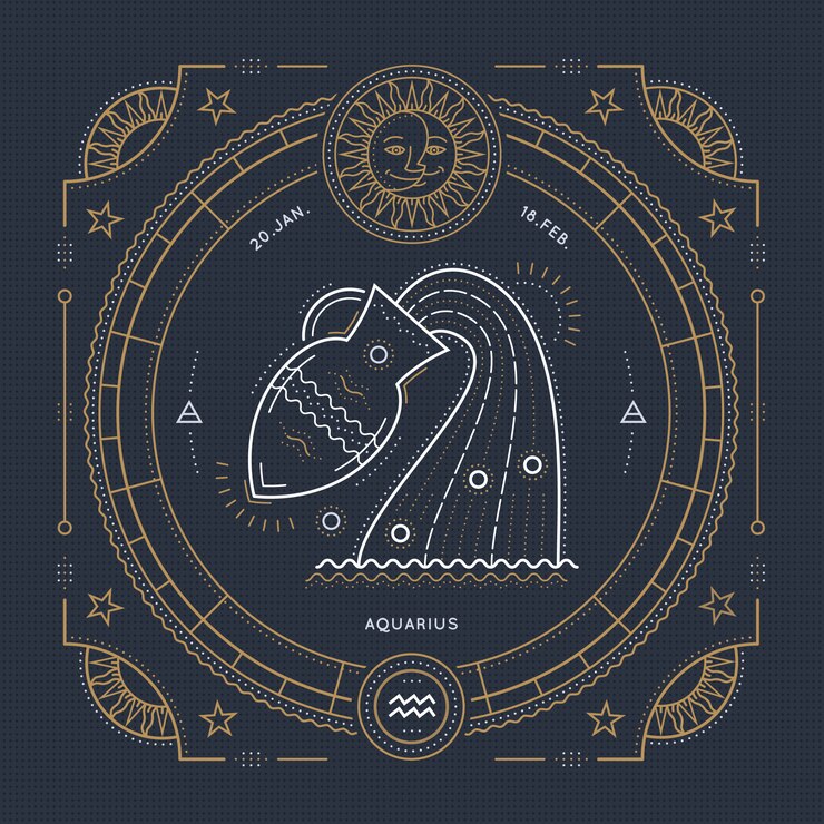 Rótulo de sinal do zodíaco Aquário vintage linha fina. Símbolo astrológico retrô, elemento místico, geometria sagrada, emblema, logotipo. Ilustração de estrutura de tópicos do curso.