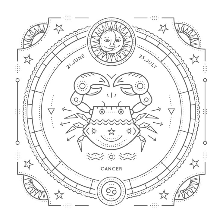 Rótulo de sinal do zodíaco câncer vintage linha fina. Símbolo astrológico retrô, elemento místico, geometria sagrada, emblema, logotipo. Ilustração de estrutura de tópicos do curso. sobre fundo branco.