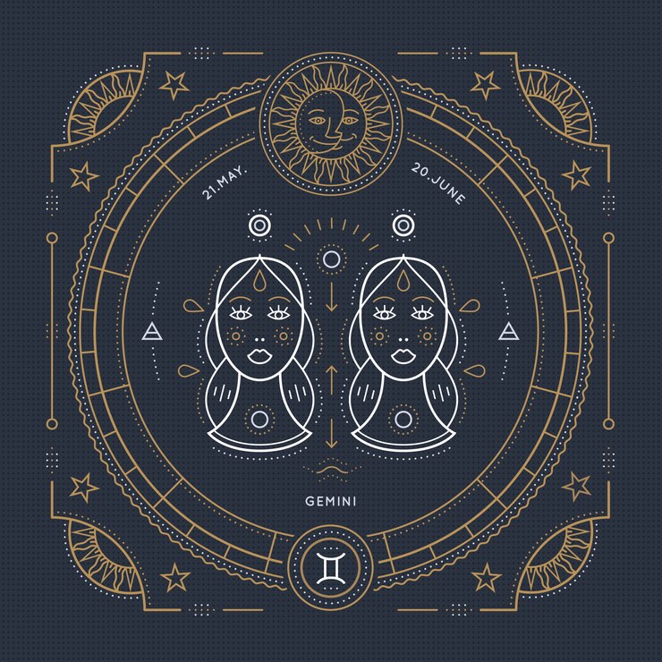 Rótulo de sinal do zodíaco Gêmeos vintage linha fina. Símbolo astrológico retrô, elemento místico, geometria sagrada, emblema, logotipo. Ilustração de estrutura de tópicos do curso.