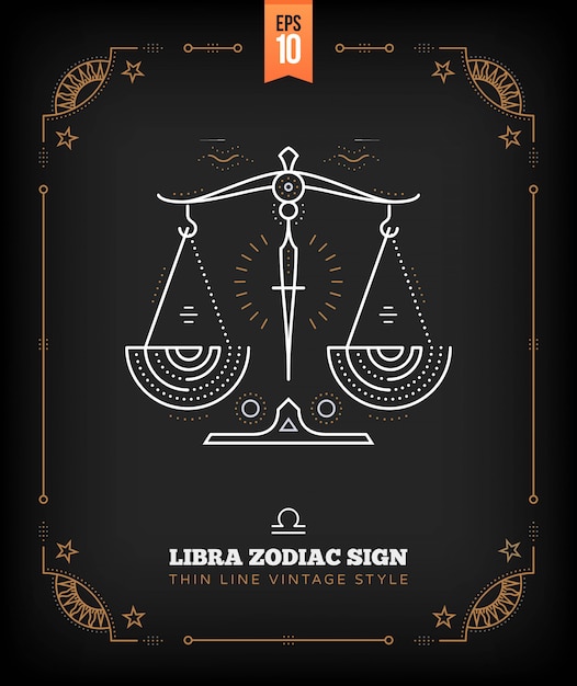 Rótulo de sinal do zodíaco libra vintage linha fina. símbolo astrológico retrô, elemento místico, geometria sagrada, emblema, logotipo. ilustração de estrutura de tópicos do curso.