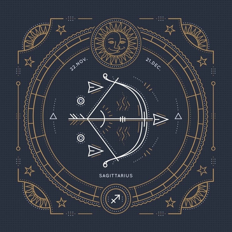 Rótulo de sinal do zodíaco Sagitário vintage linha fina. Símbolo astrológico retrô, elemento místico, geometria sagrada, emblema, logotipo. Ilustração de estrutura de tópicos do curso.
