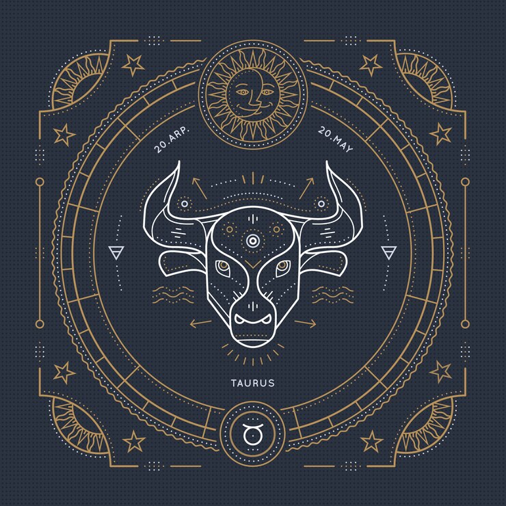 Rótulo de sinal do zodíaco Touro vintage linha fina. Símbolo astrológico retrô, elemento místico, geometria sagrada, emblema, logotipo. Ilustração de estrutura de tópicos do curso.