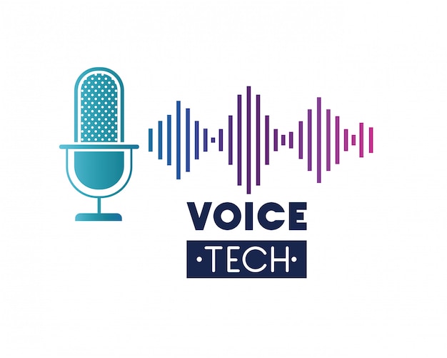 Rótulo de tecnologia de voz com microfone e onda sonora