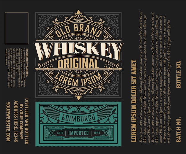 Rótulo de Viintage. Modelo de logotipo ornamentado para rótulo de bebidas espirituosas tequila, uísque.