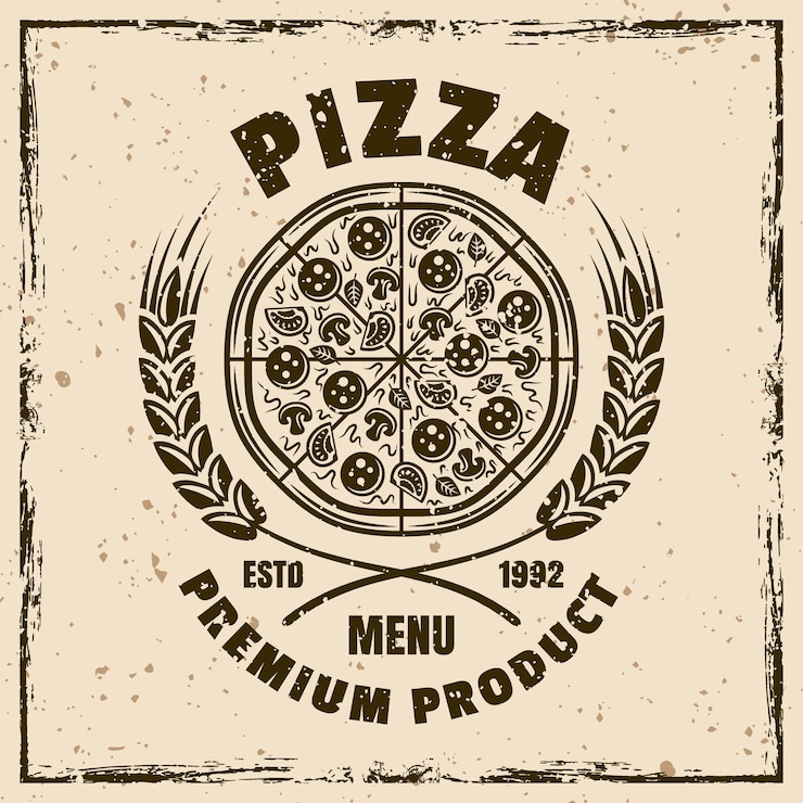 Vetor rótulo do emblema vetorial da pizzeria em estilo vintage em fundo com textura grunge removível