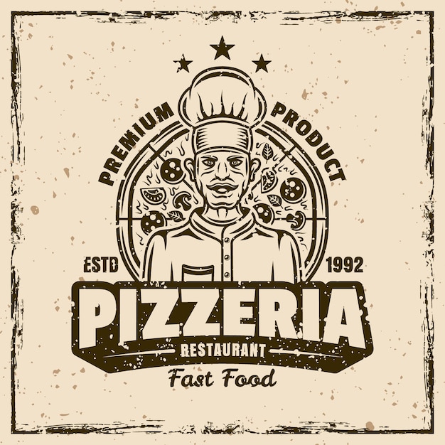 Rótulo do emblema vetorial da pizzeria em estilo vintage em fundo com textura grunge removível