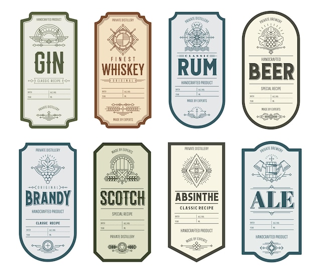 Rótulos de álcool vintage de brandy whisky e rum