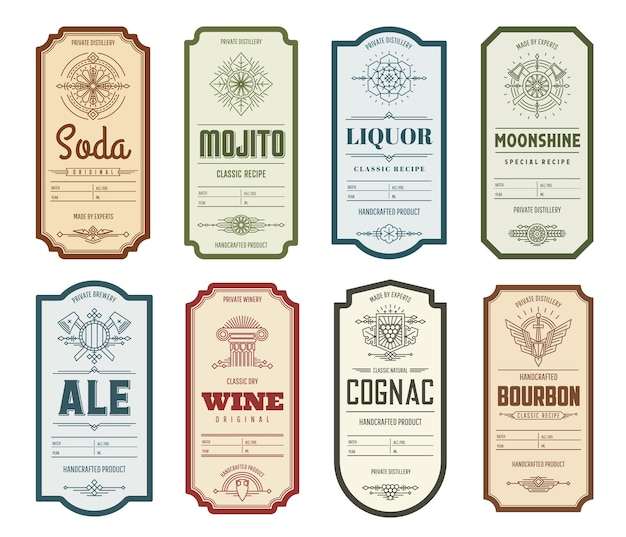 Vetor rótulos de álcool vintage mojito soda cognac wine