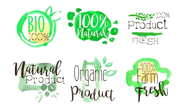 Vetor rótulos de alimentos orgânicos naturais set de rótulos de produtos agrícolas biológicos aquarela ilustração vetorial desenhada à mão