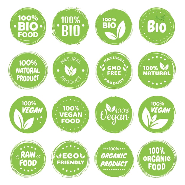 Rótulos de alimentos orgânicos Produtos eco vegetarianos frescos rótulo vegano e emblemas de alimentos saudáveis Logotipo veganismo adesivo de dieta vegana ou selo de produto alimentar ecológico Conceito verde eco vegetariano