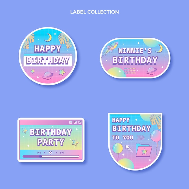 Vetor rótulos de aniversário gradiente retrô vaporwave