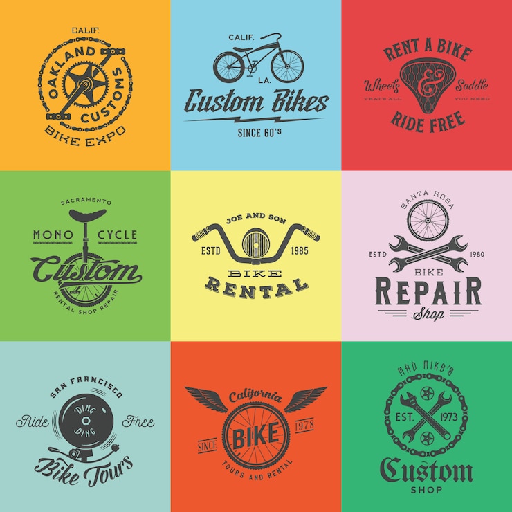 Vetor rótulos de bicicleta personalizado retrô ou conjunto de modelos de logotipo. símbolos de bicicleta, como correntes, rodas, sela, sino, chave inglesa, etc. com tipografia vintage.