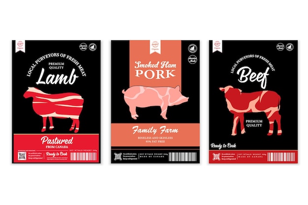 Rótulos de carnificina de vetor com silhuetas de animais de fazenda. Ícones de vaca, frango, porco, carneiro, peru e pato e texturas de carne para mantimentos, lojas de carne, embalagens e publicidade