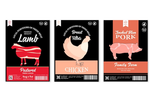 Rótulos de carnificina de vetor com silhuetas de animais de fazenda. Ícones de vaca, frango, porco, carneiro, peru e pato e texturas de carne para mantimentos, lojas de carne, embalagens e publicidade