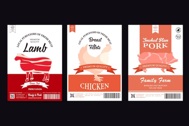 Rótulos de carnificina de vetor com silhuetas de animais de fazenda. Ícones de vaca, frango, porco, carneiro, peru e pato e texturas de carne para mantimentos, lojas de carne, embalagens e publicidade