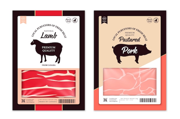 Rótulos de carnificina de vetor com silhuetas de animais de fazenda. Ícones de vaca, frango, porco, carneiro, peru e pato e texturas de carne para mantimentos, lojas de carne, embalagens e publicidade