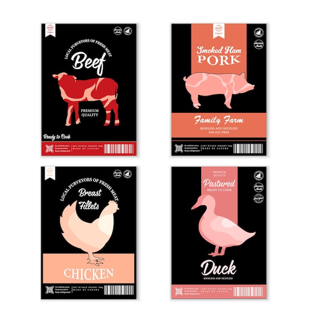 Rótulos de carnificina de vetor com silhuetas de animais de fazenda. Ícones de vaca, frango, porco, carneiro, peru e pato e texturas de carne para mantimentos, lojas de carne, embalagens e publicidade