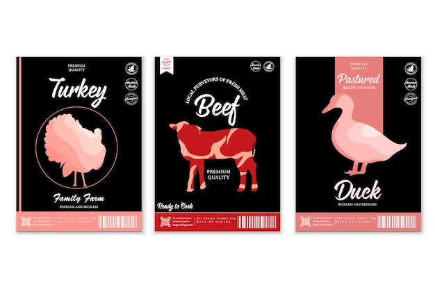 Rótulos de carnificina de vetor com silhuetas de animais de fazenda. Ícones de vaca, frango, porco, carneiro, peru e pato e texturas de carne para mantimentos, lojas de carne, embalagens e publicidade
