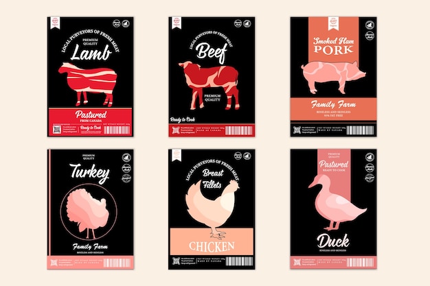 Rótulos de carnificina de vetor com silhuetas de animais de fazenda. Ícones de vaca, frango, porco, carneiro, peru e pato e texturas de carne para mantimentos, lojas de carne, embalagens e publicidade