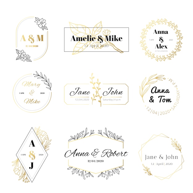 Rótulos de convite de casamento. Quadros de folhas florais minimalistas, cartão de casamento dourado elegante e salvar o conjunto de rótulo de data ouro
