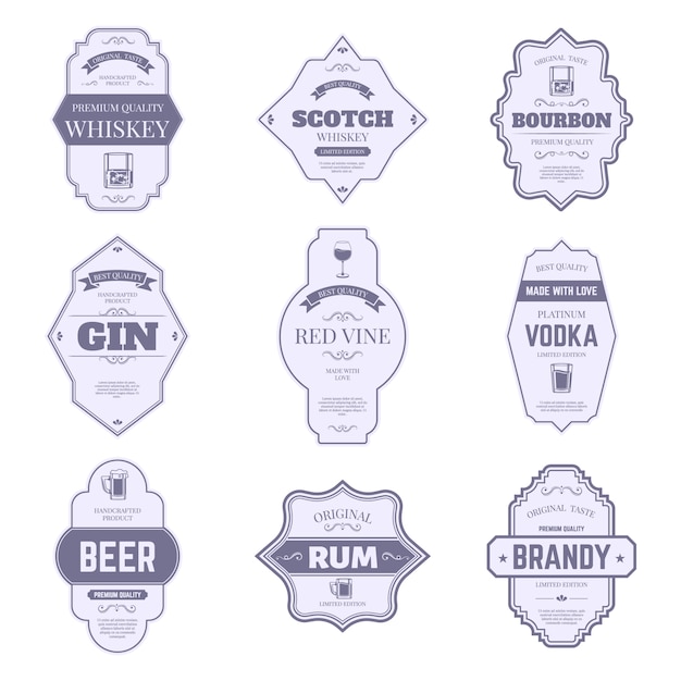 Rótulos de garrafa de álcool. Adesivos de álcool tradicional, vintage bourbon e emblema de garrafa de gin, bar bebida conjunto de símbolos de etiquetas de embalagem. Vinho, uísque e cerveja, uísque e conhaque, distintivo de vodka