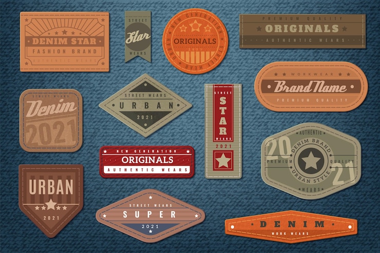 Vetor rótulos de jeans distintivo de couro gráfico e fundo texturizado autêntico bordado tipografia jeans roupas moda impressão emblemas vintage com texto retrô ocidental adesivos vetor conjunto isolado