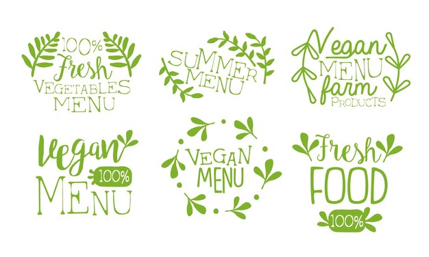 Rótulos de menus veganos frescos, produtos agrícolas frescos, menus de verão, emblemas desenhados à mão, ilustrações vetoriais