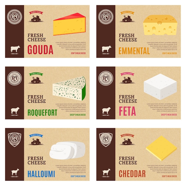 Vetor rótulos de queijo e elementos de design de embalagens