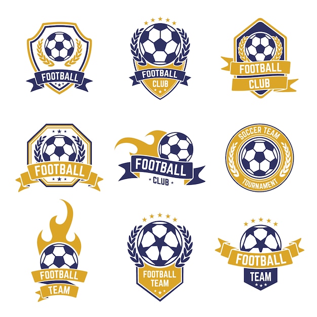 Vetor rótulos de time de futebol. futebol bola clube logotipo, esporte ligas campeonato adesivos, futebol concorrência escudo emblemas conjunto de ícones. campeonato de etiqueta de escudo de jogo e liga de futebol de equipe