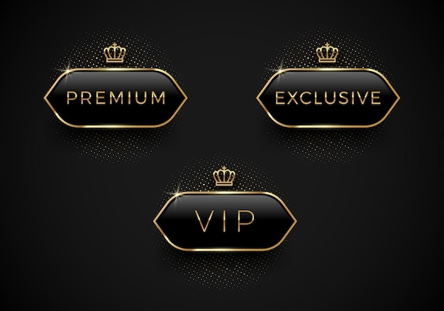 Vetor rótulos de vidro preto vip premium e exclusive com coroa dourada e moldura em fundo preto