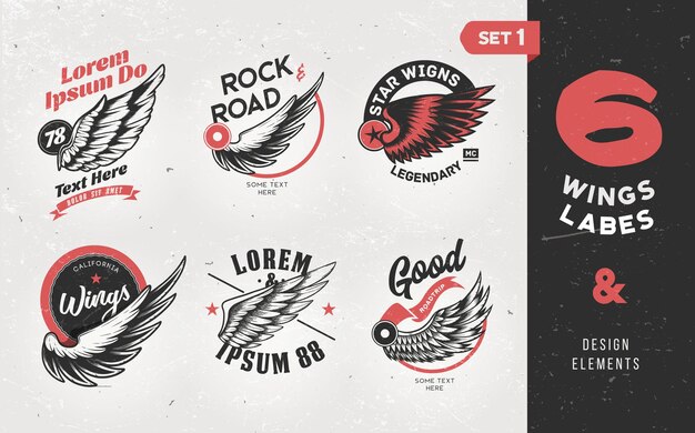 Rótulos, emblemas, texto e elementos de design vintage com asas. Ilustração