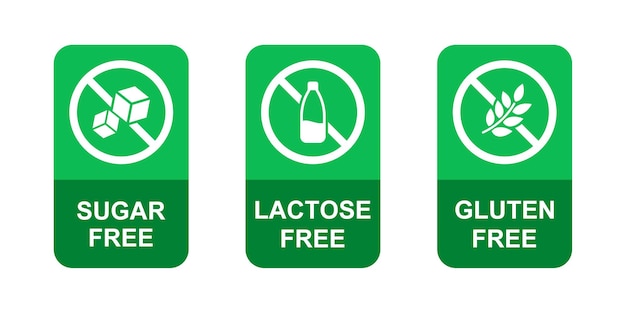 Rótulos sem lactose, sem açúcar, sem glúten para desenhos de emblemas alimentares