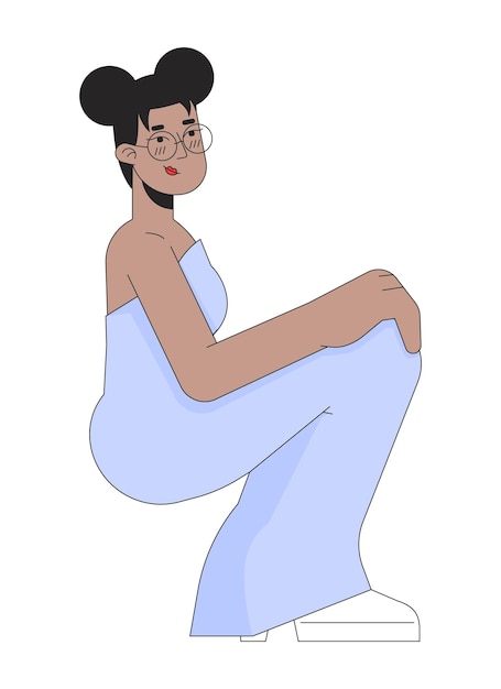 Roupa de baile de formatura garota afro-americana personagem de desenho animado linear 2D